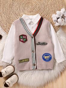 Young Boy V-Neck Sleeveless Letter & Numeral Print Fashionable Loose Comfy Sweater Vest Cardigan