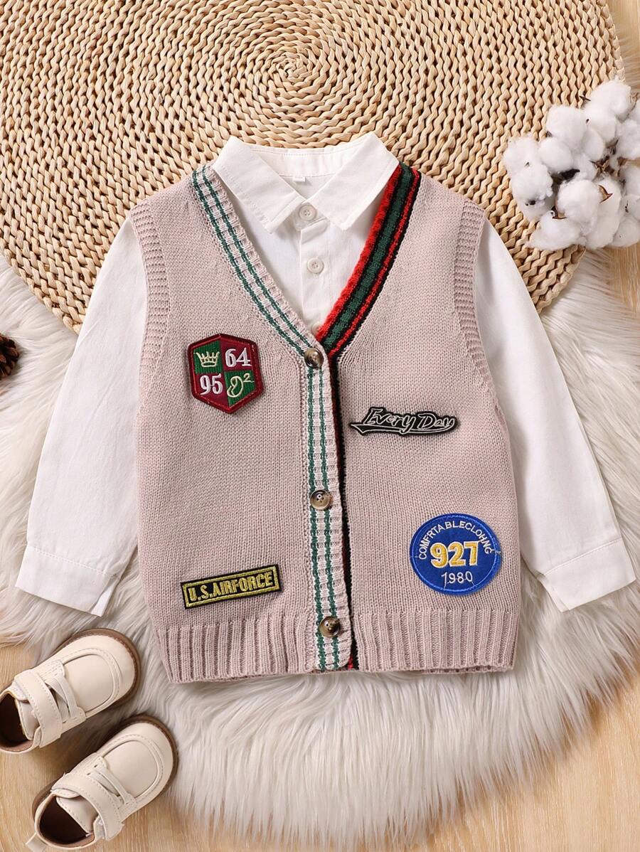 Young Boy V-Neck Sleeveless Letter & Numeral Print Fashionable Loose Comfy Sweater Vest Cardigan