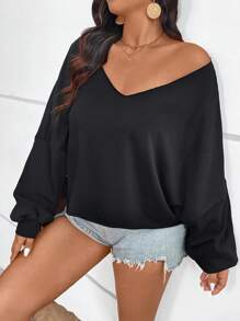 SHEIN VCAY Plus Size V-Neck Long Sleeve Cropped Sweatshirt - Black - View 1