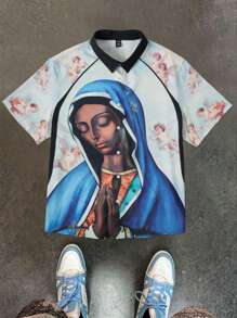 Manfinity EMRG Camiseta casual de manga corta con cuello redondo y estampado de ángel para hombres de talla grande en verano