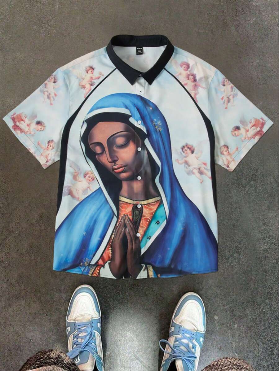 Manfinity EMRG Camiseta casual de manga corta con cuello redondo y estampado de ángel para hombres de talla grande en verano