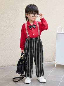 SHEIN 2 件装年轻男孩绅士时尚优雅都市时尚圣诞红领长袖衬衫和黑白条纹吊带裤绅士西装，适合婚礼、派对、外出、日常聚会、秋冬 - 彩色 - 查看 1