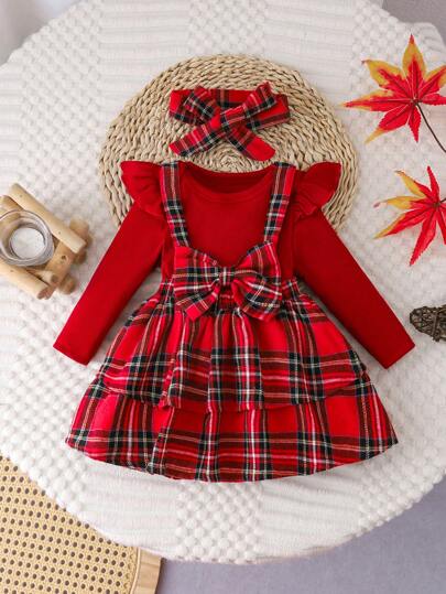 SHEIN Newborn Baby Girl Plaid Knit Jumpsuit With Bib Overall Dress, Headband 3pcs Set, Cute Campus Style For Christmas