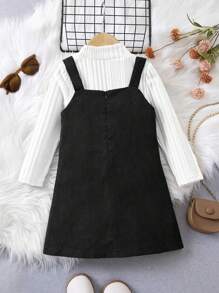 SHEIN Young Girl's Asymmetric Strap Dress And Stand Collar Long Sleeve Ribbed T-Shirt Casual Set - Black and White - View 2
