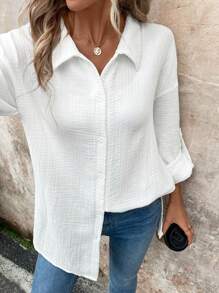 SHEIN LUNE 女士休闲前开 V 领白色衬衫，适合海滩度假，秋季 - 白色 - 查看 6