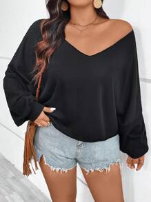 SHEIN VCAY Plus Size V-Neck Long Sleeve Cropped Sweatshirt - Black - View 5