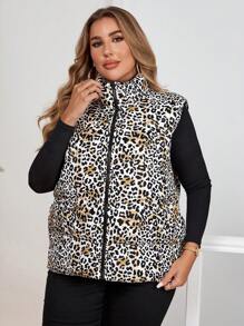 SHEIN Clasi Plus Size Women's Winter Leopard Print Stand Collar Zipper Front Padded Coat - Multicolor - View 5