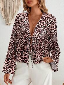 SHEIN VCAY Resort Woven Leopard Pattern Open Front Long Sleeve Regular Fit Ladies Shirt