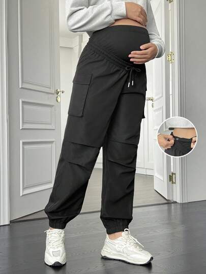 SHEIN Maternity Casual Solid Color High Waist Cargo Pants