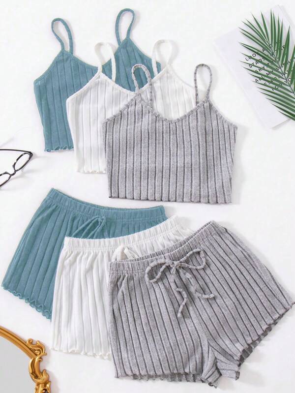 3 Sets Women Solid Color Ribbed Cami Top And Shorts Sleepwear Pajama Set Lounge Set