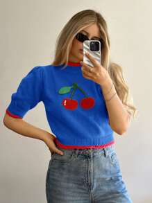 Forever 21 Jesień i zima Kobiety Żółty i czerwony dzianinowy wiśniowy graficzny/Halloween/Boże Narodzenie/Golf/Uroczy/Stroje panieńskie/Vintage/Podstawowe/Okrągły dekolt/Powrót do szkoły/Powrót do domu/Kontrast kolorów/Swobodny/Krótkie rękawy/Podstawowy/Rękawy bufiaste/Sweter