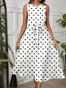 SHEIN Clasi Women's Round Neck Sleeveless Polka Dot Black And White Pleated Waist Tie Dress, Elegant - Black and White - View 7
