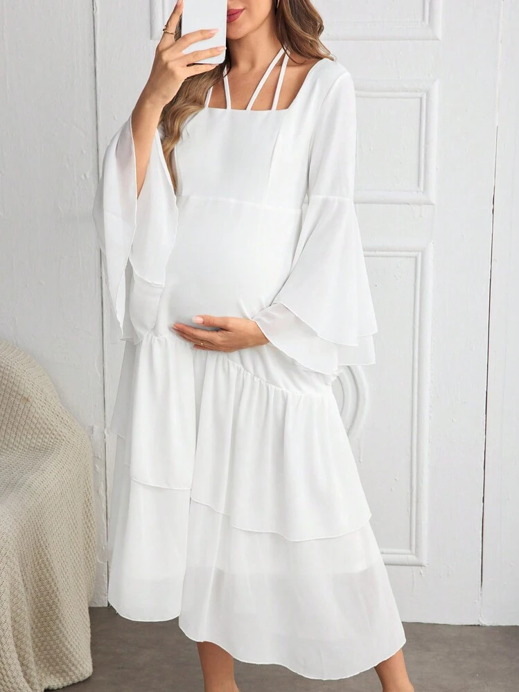 SHEIN Maternity Elegant White Flared Sleeve Tiered Long Fitted Pregnancy Dress - White - View 4