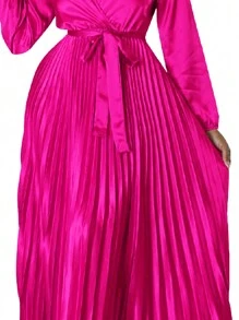 Women's Elegant Lantern Sleeve Pleated Midi Dress, Autumn - Hot Pink - View 6