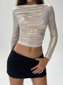 Aloruh Women's Shiny Cropped T-Shirt, Spring & Autumn Women Tops Women Costumes Elegant Women Dresses Women Shirts Sexy Shirts Costume Homecoming Halloween Outfits Cat Woman Costume Mermaid Top Fall Women Dresses Glitter Shirts Long Sleeve Yellow Women Dresses Halloween Women Christmas Outfits Halloween Shirt Gold Top Halloween Tops Fall Clothes Christmas Shirt Sequin Top Fall Shirts - Silver - View 6