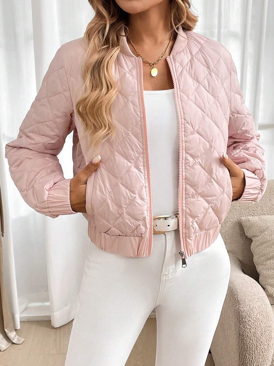 SHEIN LUNE Women's Solid Color Front Zip Up Pockets Minimalist Casual Jacket,Feathers& Down Coat - Pink - View 1