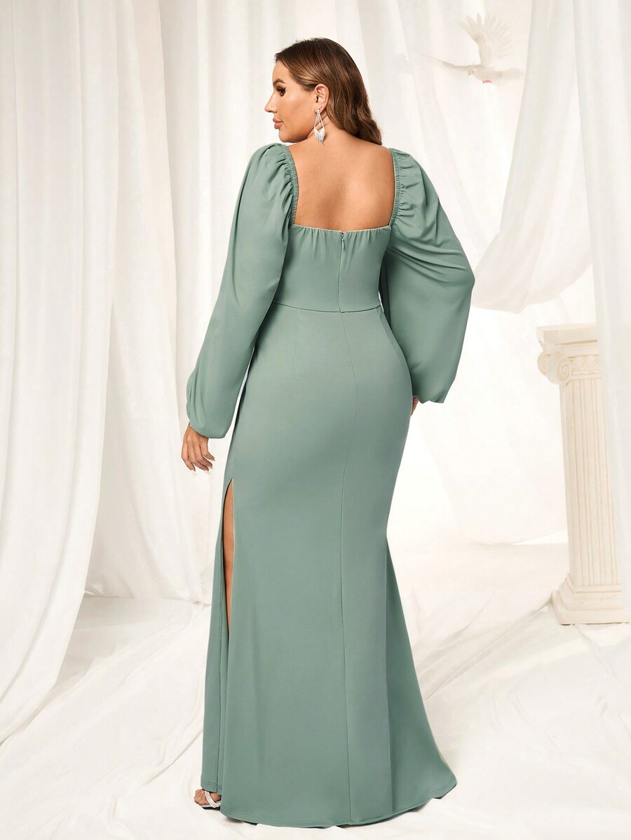 SHEIN Belle Plus Size GrayGreen Sweetheart Neck Long Sleeve Formal