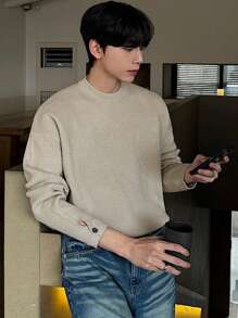 DAZY Men's Solid Color Crew Neck Long Sleeve Basic Sweater, Casual Everyday Wear Fall,Winter - Apricot - View 8