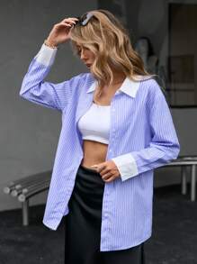 Aveloria Modichic French Design Blue & White Striped Patchwork Loose Long Sleeve Women Blouse, Work Wear - Blue and White - View 1