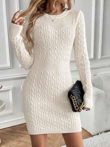 SHEIN LUNE 女士休闲宽松针织纽扣毛衣连衣裙 - 杏色 - 查看 6