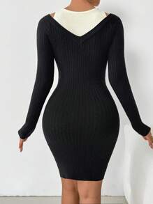 Chiquease Women's Round Neck Color Block Long Sleeve Fitted Cute Gentle Elegant Sweater Dress Fall Cloth For Women - Black - View 2