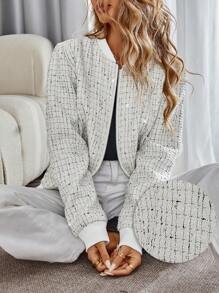 SHEIN Privé Women's Zipper Long Sleeve Fashionable Casual Versatile Shiny Vintage High-End Commuting French Tweed Bomber Jacket, Autumn Fall Cloth For Women - Multicolor - View 3