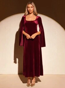 SHEIN Clasi Robe bordeaux polyvalente et à la mode avec décolleté en U pour femmes, automne/hiver - Rouge foncé - Voir 6