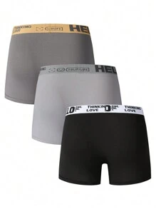 3 piezas/paquete Bóxer bóxer casuales de hombre con parches de unicolor e impresión de letra