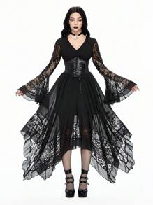 ROMWE Sexy Gothic Halloween Deep V-Neck Flare Sleeve Asymmetrical Hem Contrast Lace Dress, For New Year - Black - View 6