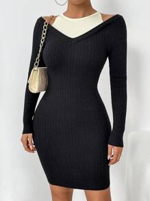 Chiquease Women's Round Neck Color Block Long Sleeve Fitted Cute Gentle Elegant Sweater Dress Fall Cloth For Women - Black - View 5