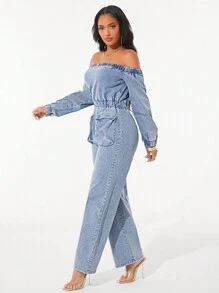 SHEIN SXY Mono vaquero casual con hombros descubiertos para mujer, primavera otoño
