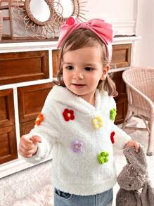 SHEIN Baby Girl' Thick & Warm White Fleece Floral Hooded Casual Sweatshirt For Winter - Multicolor - View 3