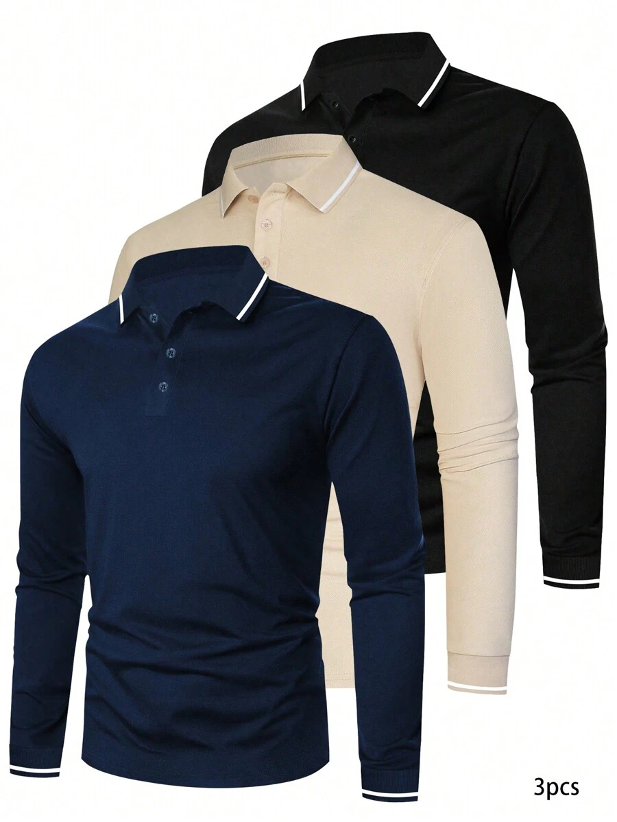 Manfinity Homme Manfinity 男式 3 件套纯色休闲条纹长袖通勤 Polo 衫，春秋季 - 彩色 - 查看 1