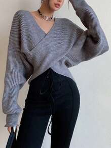 INAWLY Women's Fashionable Crossover Wrap Sweater For Autumn, Long Sleeve Top Knit Pullover Fall Winter - Grey - View 4