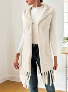 SHEIN Privé Women's Warm Fashion Fringed Hem Midi Cardigan With Fur Collar, Autumn/Winter - Apricot - View 1