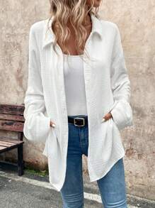 SHEIN LUNE 女士休闲前开 V 领白色衬衫，适合海滩度假，秋季 - 白色 - 查看 1