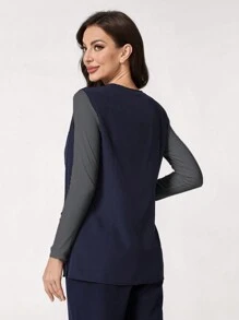 TaskEZ Solid Color Patchwork V-Neck Long Sleeve Simple Scrub Uniform Top - Navy Blue - View 2