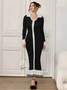 Modelyn Women Elegant Contrast Trim Long Sleeve Sweater Dress