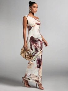 SHEIN BAE Đầm hở vai bất đối xứng in họa tiết hoa phong cách nghỉ dưỡng thanh lịch cho nữ, mùa hè - Nhiều màu - Xem 5