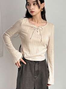 FRIFUL 女式纯色系领长袖罗纹休闲宽松 T 恤，春夏 - 杏色 - 查看 4