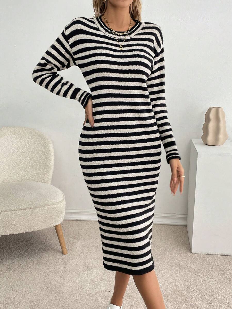 Chiquease Women's Spring Autumn Casual Color Block Striped Sweater Dress