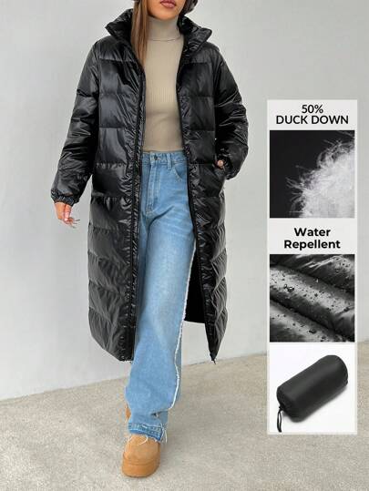 SHEIN PETITE Women's Long Sleeve Zipper Black Long Feathers& Down Jacket, Fashionable Street Style