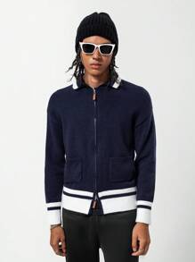 Vintage Baseball Jacket With Handcraft Contrast Color Long Sleeve, Pockets & Shawl Collar, Regular Knitted Cardigan - Royal Blue - View 7