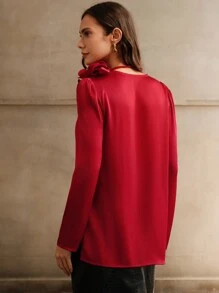 Anewsta Áo cánh thanh lịch thiết kế hoa cổ chữ V màu đỏ cổ điển - Đỏ - Xem 5