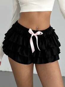 Aloruh Quần short cạp thấp họa tiết nơ hồng gợi cảm và sang trọng cho nữ Quần short xếp nếp cạp thấp màu đen - màu đen - Xem 7
