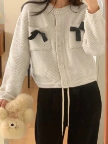 DAZY 女士休闲蝴蝶结装饰开衫，秋季女装 - 杏色 - 查看 8