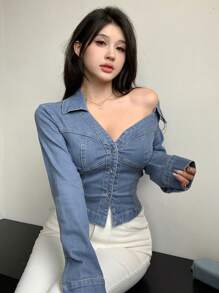 DAZY 女款拼接長袖牛仔襯衫，秋季服飾，牛仔短版外套 - 藍色 - 查看 3