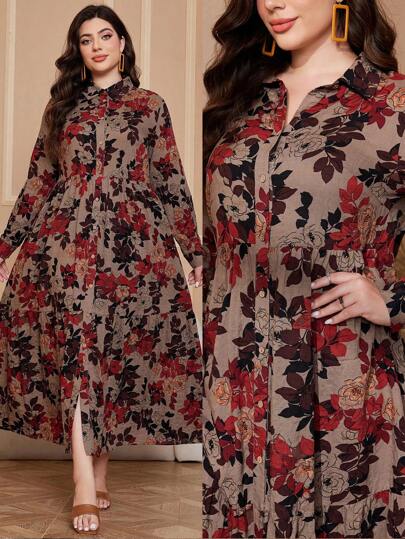 Al Najma 大码女式植物印花长袖单排扣连衣裙，阿拉伯服装，休闲，朴素休闲日常/旅游/假日/度假/家居服，超长大码阿拉伯服装