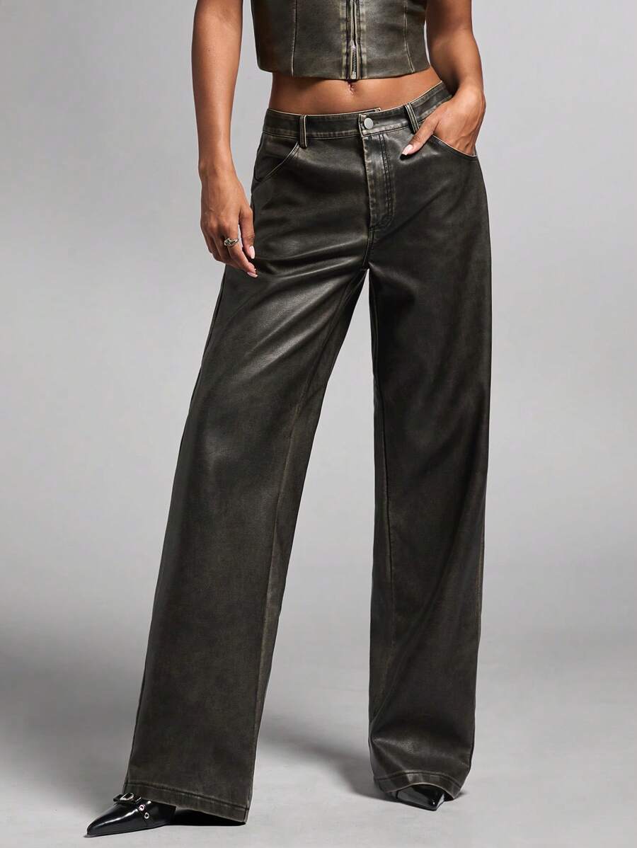 SHEIN BAE Quần dài nữ màu đen bằng da PU mài bạc, kiểu dáng thường ngày, đa năng, phong cách retro, cạp thấp, ống thẳng/quần đi chơi/quần vintage/quần mùa thu. - màu đen - Xem 1