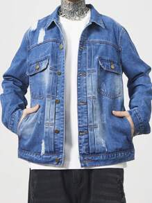 Manfinity EMRG Men's Casual Ripped Denim Jacket For Spring & Autumn - Blue - View 7